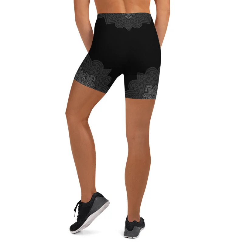 Black Grey Mandala Womens Yoga Shorts