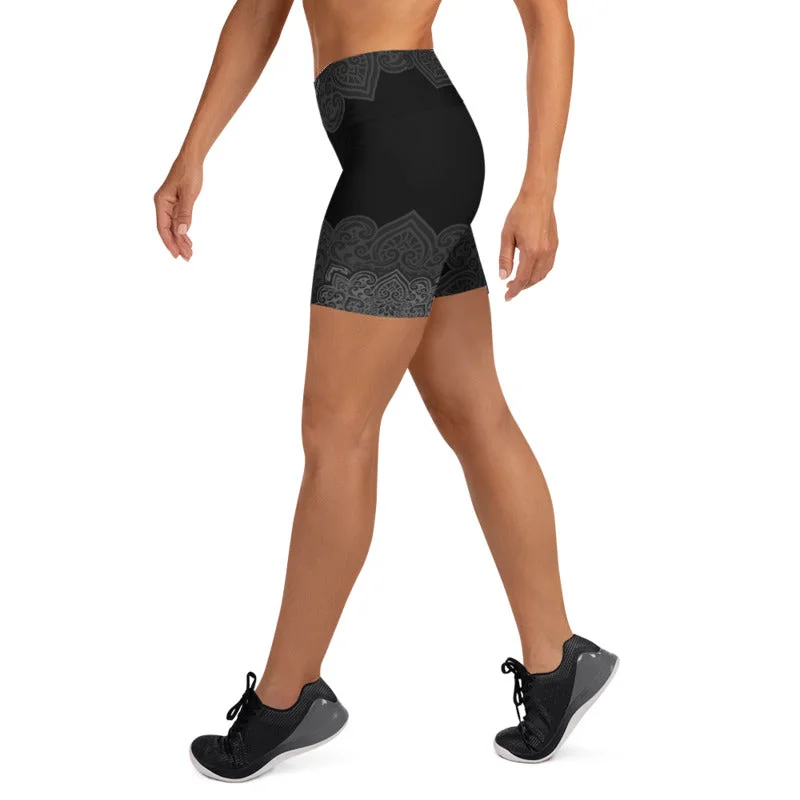 Black Grey Mandala Womens Yoga Shorts