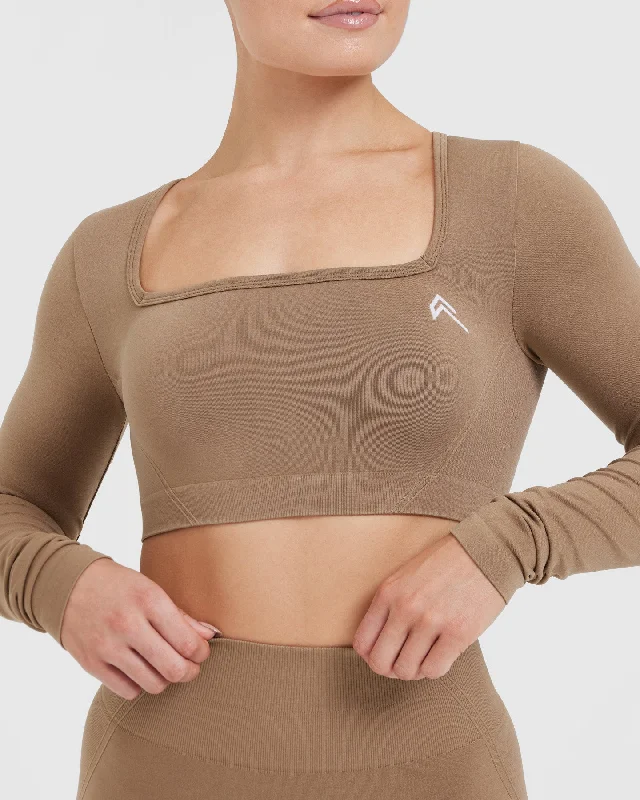 Effortless Square Neck Crop Long Sleeve Top | Walnut