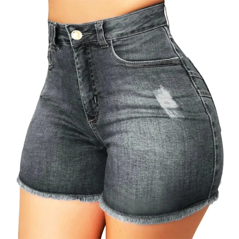 High Waist Distressed Raw Hem Skinny Denim Shorts (4 colors)