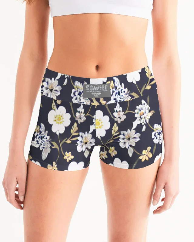 Pink flower black background Women's All-Over Print Mid-Rise Yoga Shorts