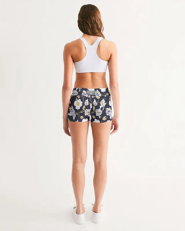 Pink flower black background Women's All-Over Print Mid-Rise Yoga Shorts