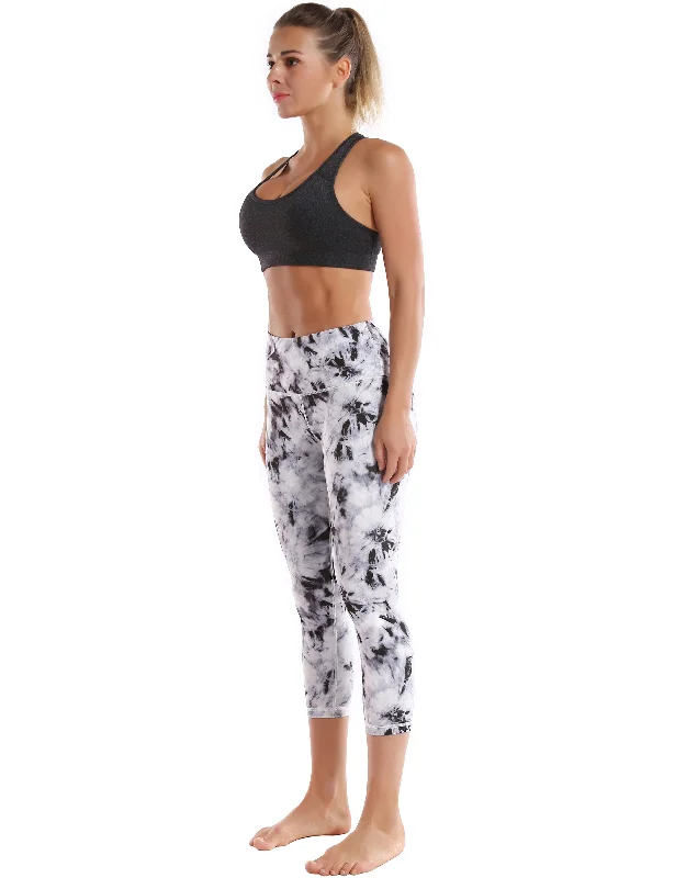 19"" High Waist Printed Crop Tight Capris black dandelion