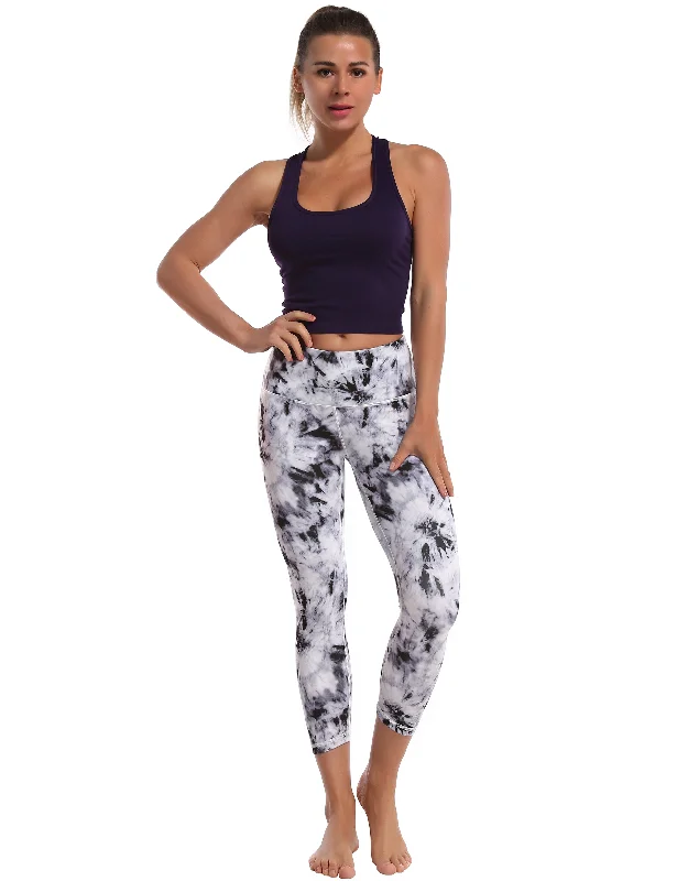 19"" High Waist Printed Crop Tight Capris black dandelion