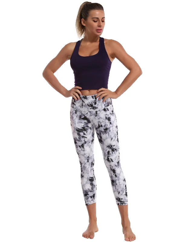 19"" High Waist Printed Crop Tight Capris black dandelion