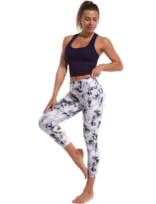 19"" High Waist Printed Crop Tight Capris black dandelion