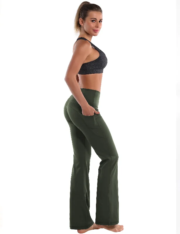 29"" 31"" 33"" 35"" 37""  Side Pockets Bootcut Leggings olivegreen