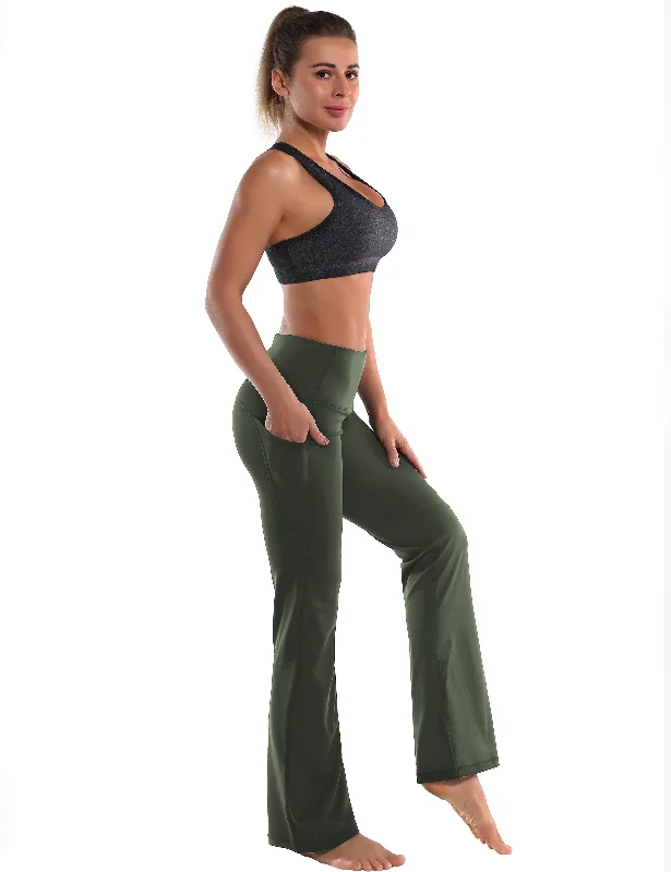 29"" 31"" 33"" 35"" 37""  Side Pockets Bootcut Leggings olivegreen