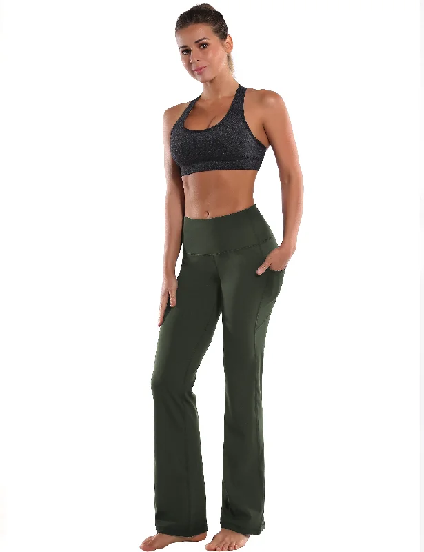 29"" 31"" 33"" 35"" 37""  Side Pockets Bootcut Leggings olivegreen