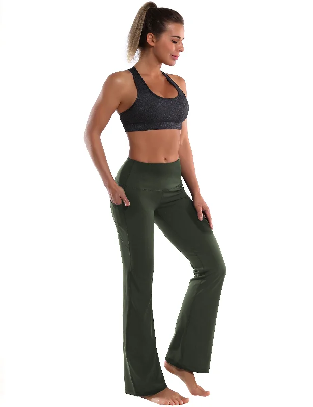 29"" 31"" 33"" 35"" 37""  Side Pockets Bootcut Leggings olivegreen