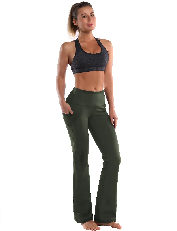 29"" 31"" 33"" 35"" 37""  Side Pockets Bootcut Leggings olivegreen