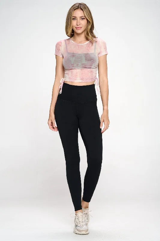 Cassidy - Mauve Linear Mix Mesh Cinch Side Crop Tee