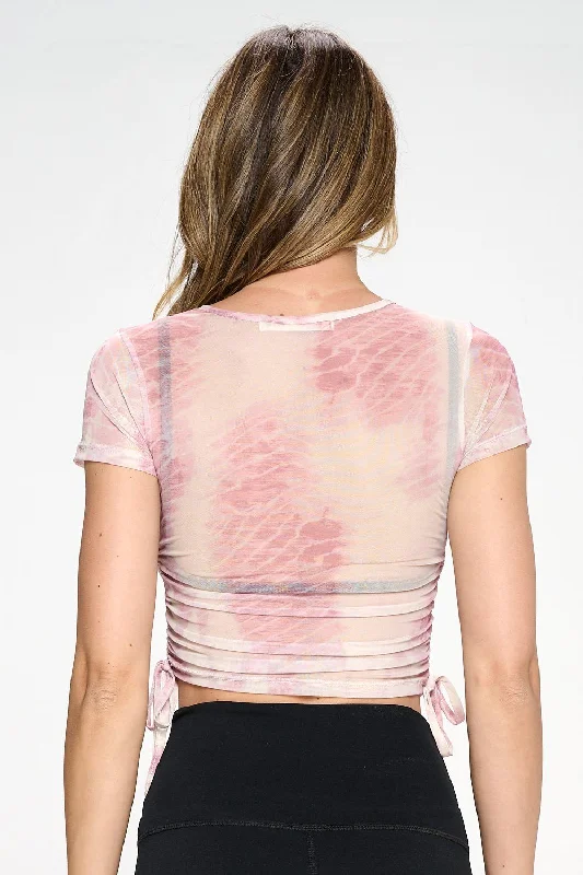 Cassidy - Mauve Linear Mix Mesh Cinch Side Crop Tee