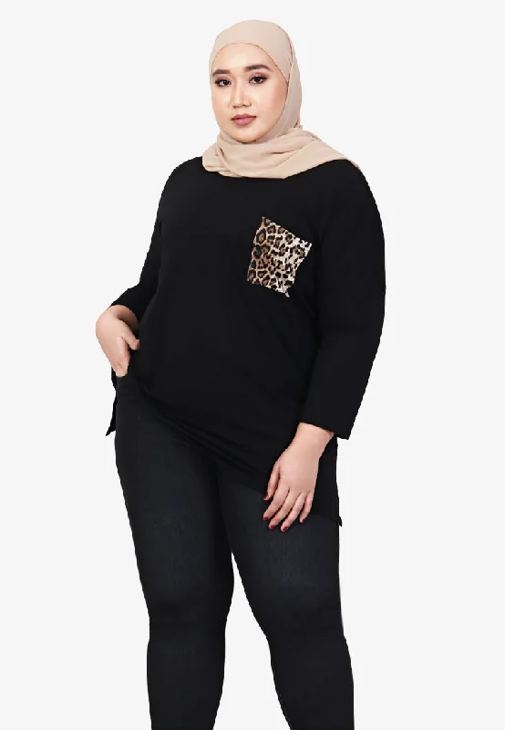 Poetri Black Printed Pocket Tee - Big Leopard