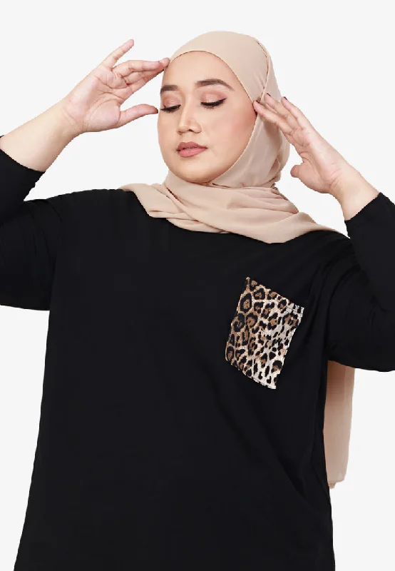 Poetri Black Printed Pocket Tee - Big Leopard