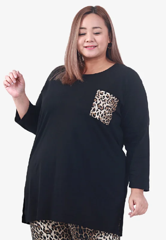 Poetri Black Printed Pocket Tee - Big Leopard