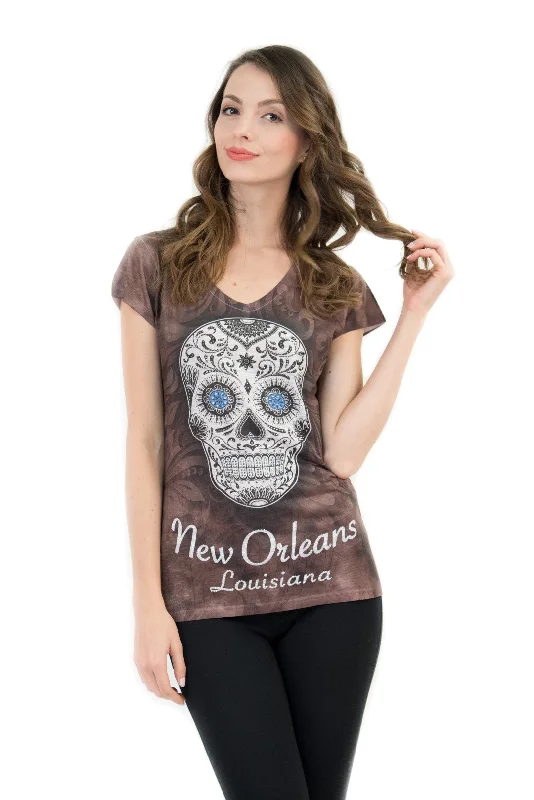 New Orleans Sugar Skull V-Neck T-Shirt