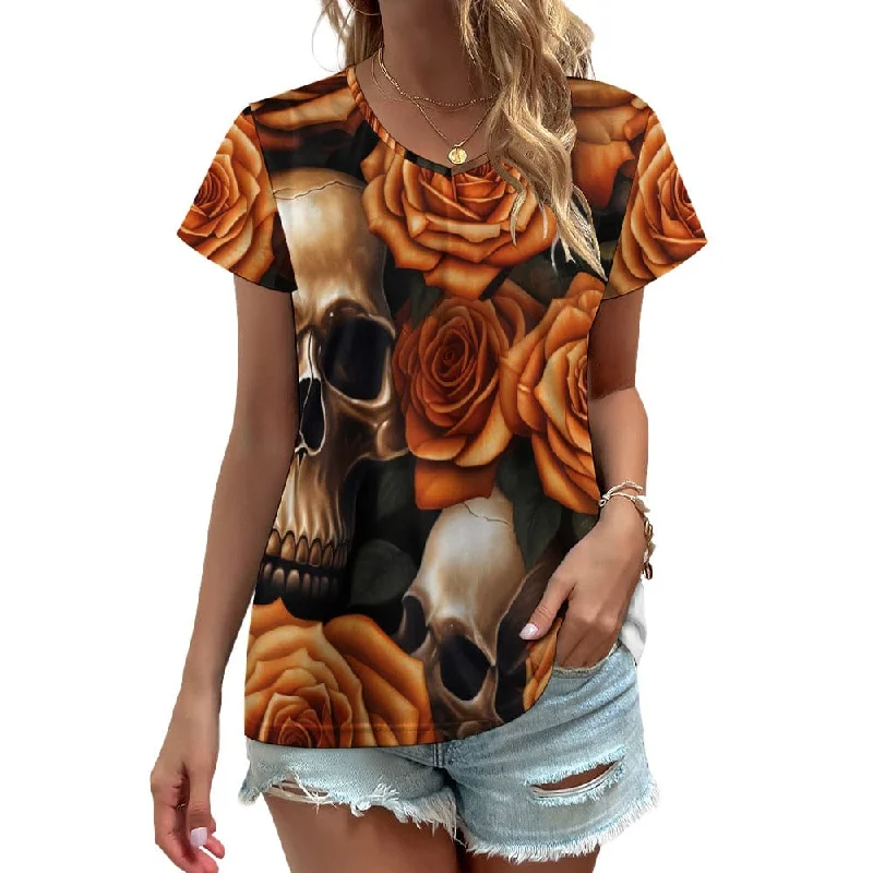 Skull Orange Roses V-neck Short Sleeve T-shirt